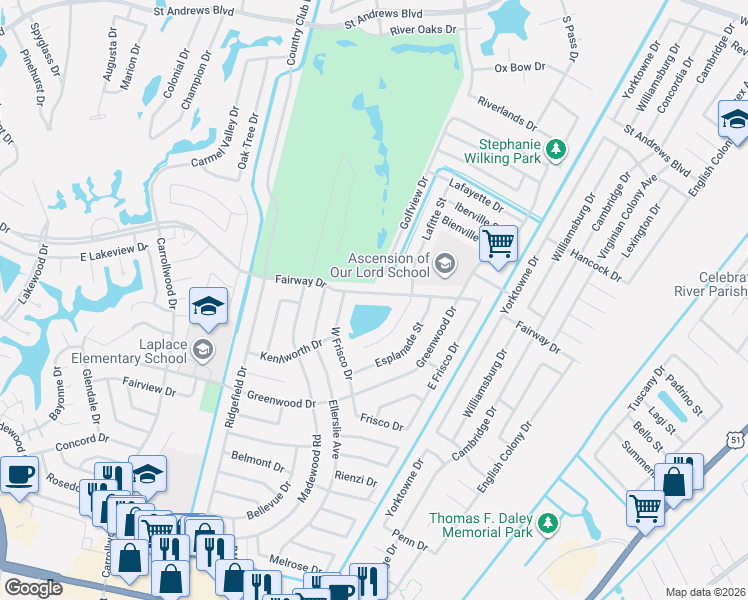 map of restaurants, bars, coffee shops, grocery stores, and more near 620 South Golfview Drive in LaPlace
