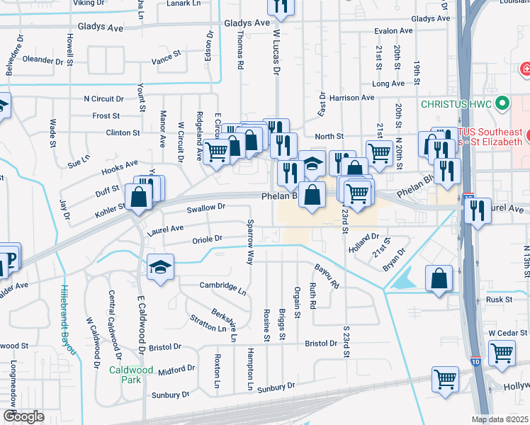 map of restaurants, bars, coffee shops, grocery stores, and more near 201-299 Office Park Drive in Beaumont