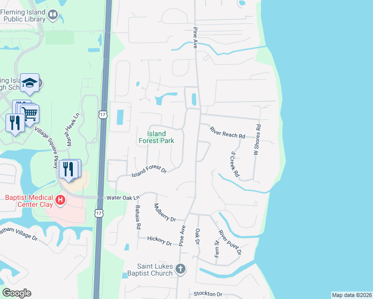 map of restaurants, bars, coffee shops, grocery stores, and more near 6118 Pine Avenue in Orange Park