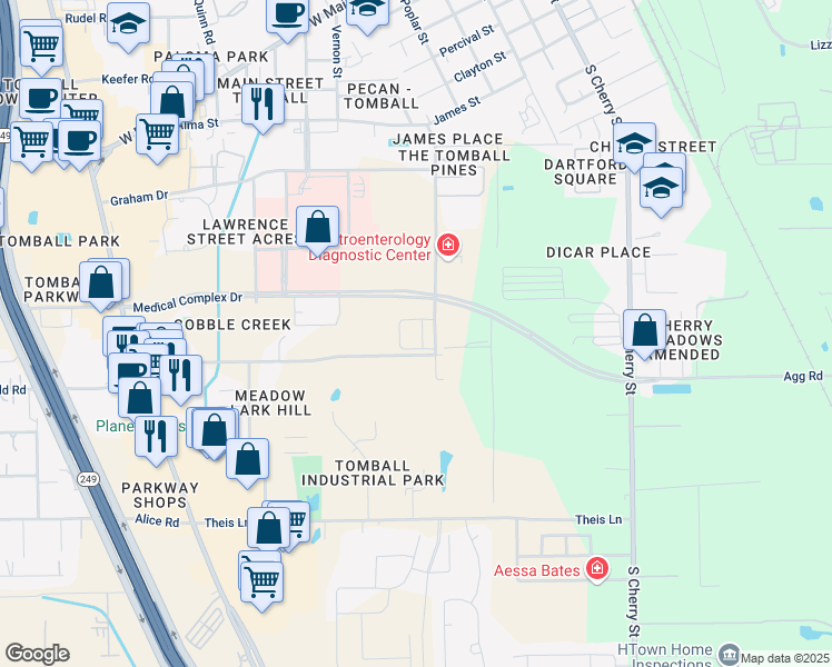 map of restaurants, bars, coffee shops, grocery stores, and more near 250 School Street in Tomball