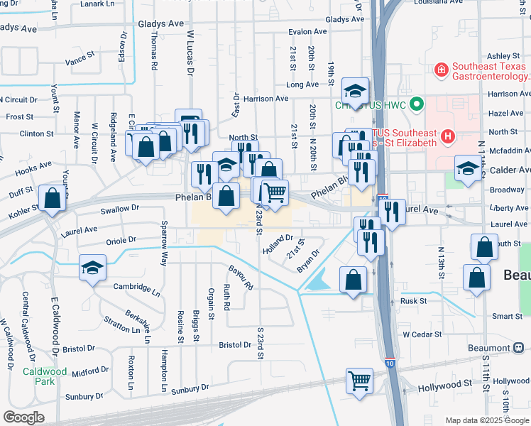 map of restaurants, bars, coffee shops, grocery stores, and more near 3845 Phelan Boulevard in Beaumont