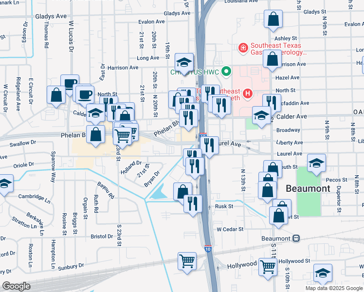 map of restaurants, bars, coffee shops, grocery stores, and more near 315 Interstate 10 in Beaumont