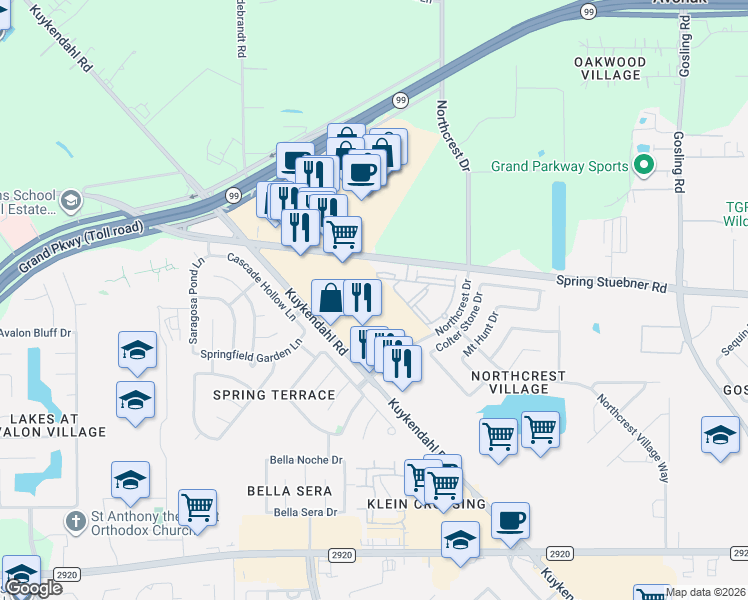 map of restaurants, bars, coffee shops, grocery stores, and more near 21660 Kuykendahl Road in Spring