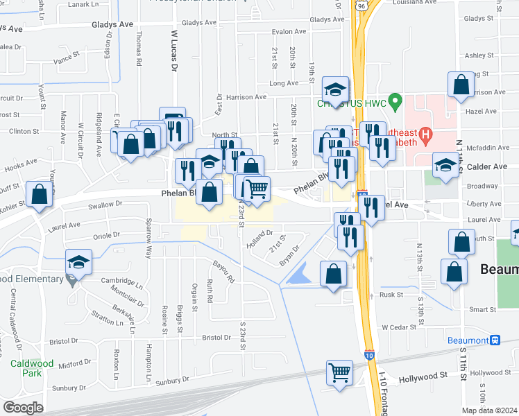 map of restaurants, bars, coffee shops, grocery stores, and more near 3845 Phelan Boulevard in Beaumont