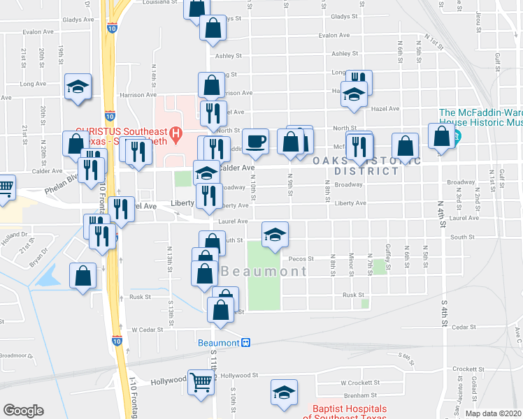 map of restaurants, bars, coffee shops, grocery stores, and more near 2585 Liberty Avenue in Beaumont