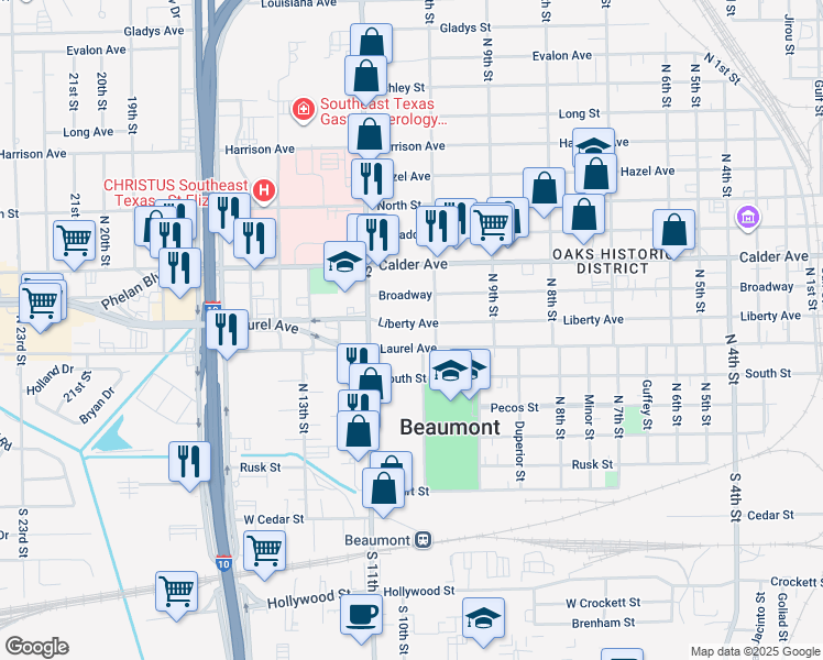 map of restaurants, bars, coffee shops, grocery stores, and more near 2655 Liberty Avenue in Beaumont