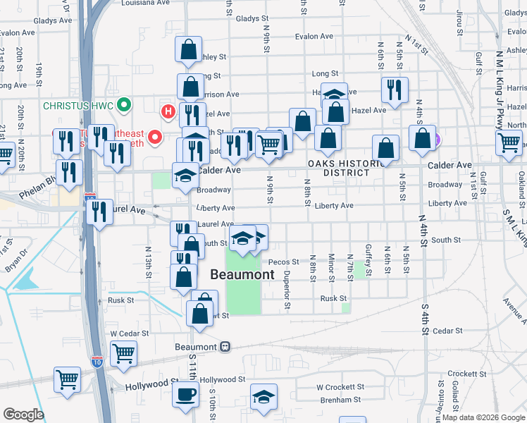 map of restaurants, bars, coffee shops, grocery stores, and more near 2525 Liberty Avenue in Beaumont