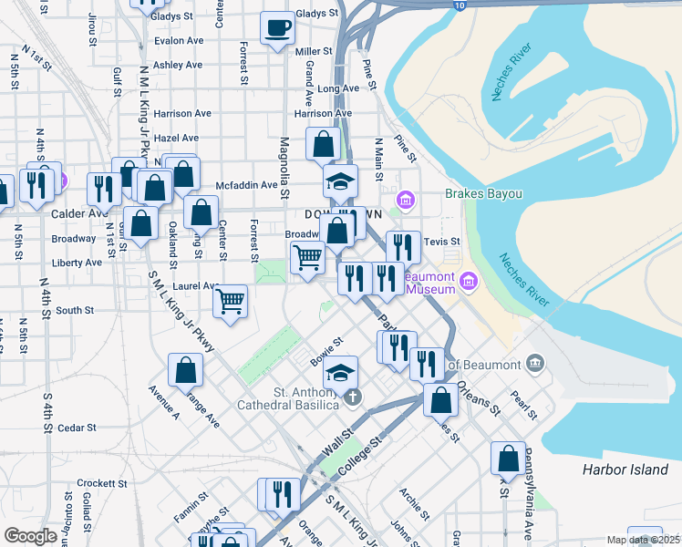 map of restaurants, bars, coffee shops, grocery stores, and more near 300 Willow Street in Beaumont