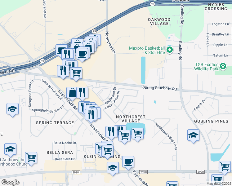map of restaurants, bars, coffee shops, grocery stores, and more near 21802 Northcrest Drive in Spring