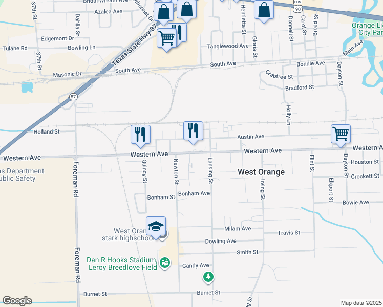 map of restaurants, bars, coffee shops, grocery stores, and more near 2835 Western Avenue in West Orange