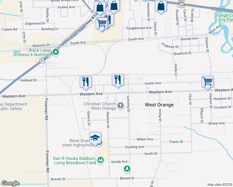 map of restaurants, bars, coffee shops, grocery stores, and more near 2835 Western Avenue in West Orange