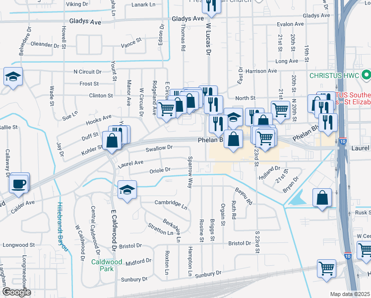 map of restaurants, bars, coffee shops, grocery stores, and more near 5045 Swallow Drive in Beaumont