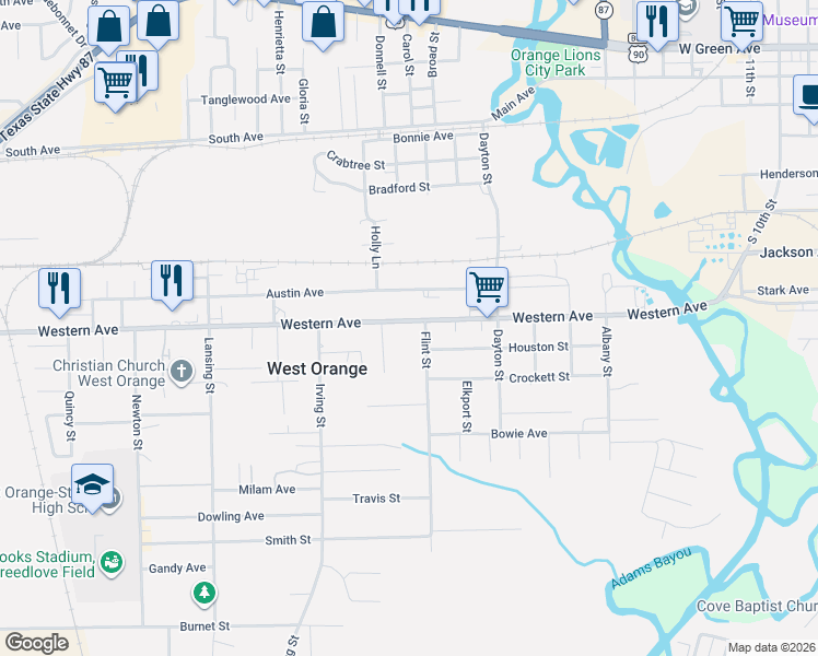 map of restaurants, bars, coffee shops, grocery stores, and more near 2201 Western Avenue in West Orange