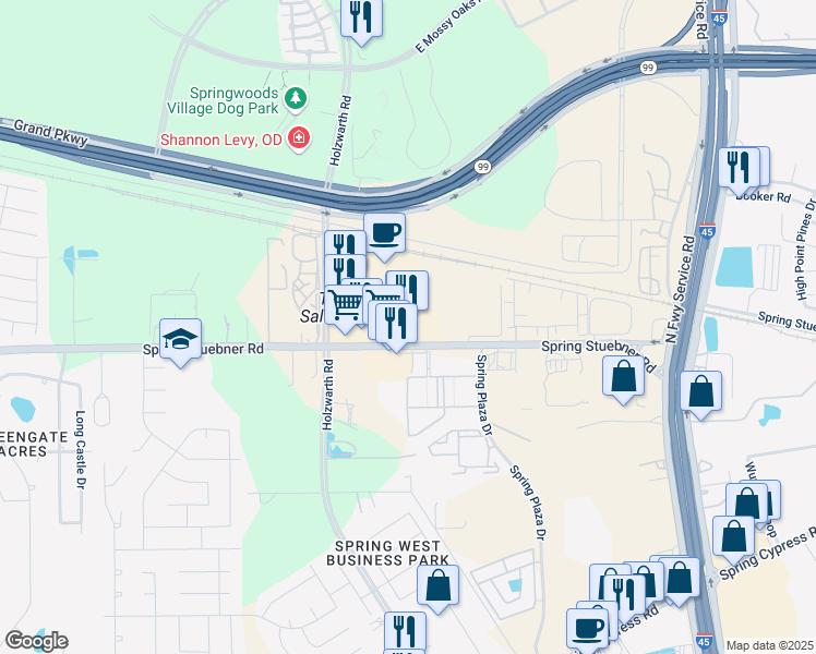 map of restaurants, bars, coffee shops, grocery stores, and more near 2020 Spring Stuebner Road in Spring