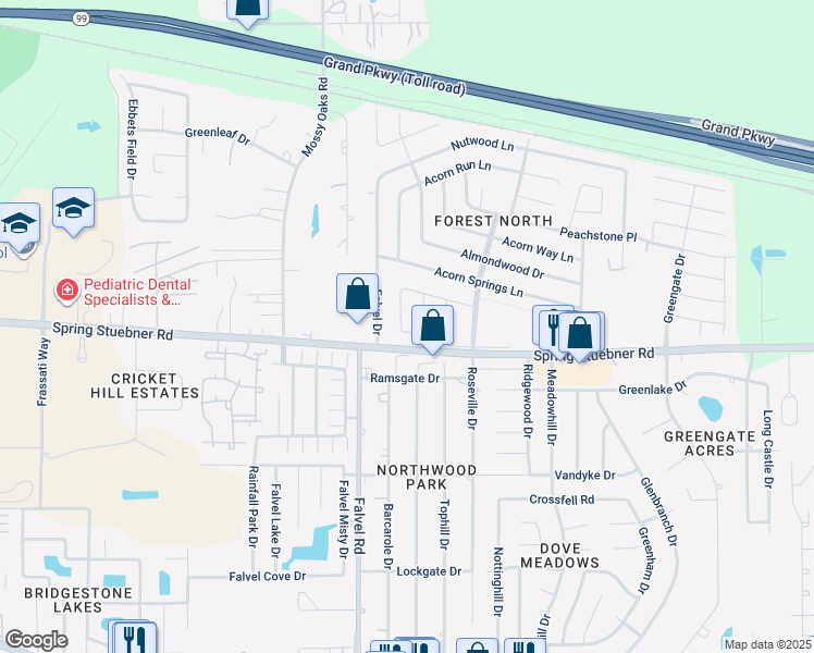 map of restaurants, bars, coffee shops, grocery stores, and more near 22019 Avonglen Lane in Spring