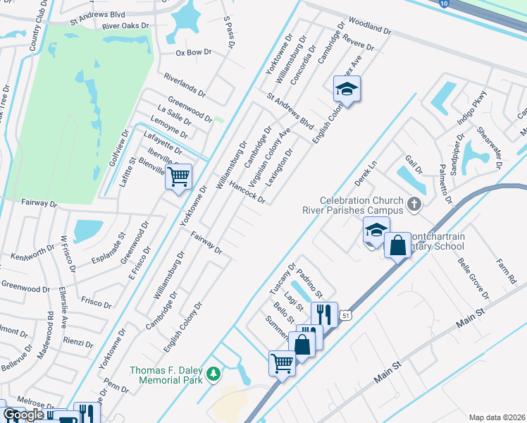 map of restaurants, bars, coffee shops, grocery stores, and more near 609 Hancock Drive in LaPlace