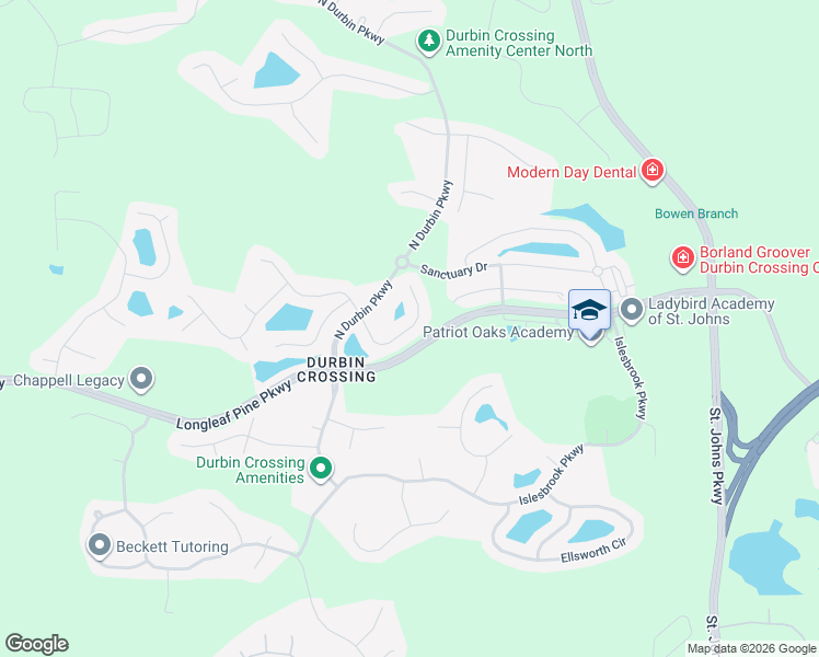 map of restaurants, bars, coffee shops, grocery stores, and more near Staplehurst Drive in Saint Johns