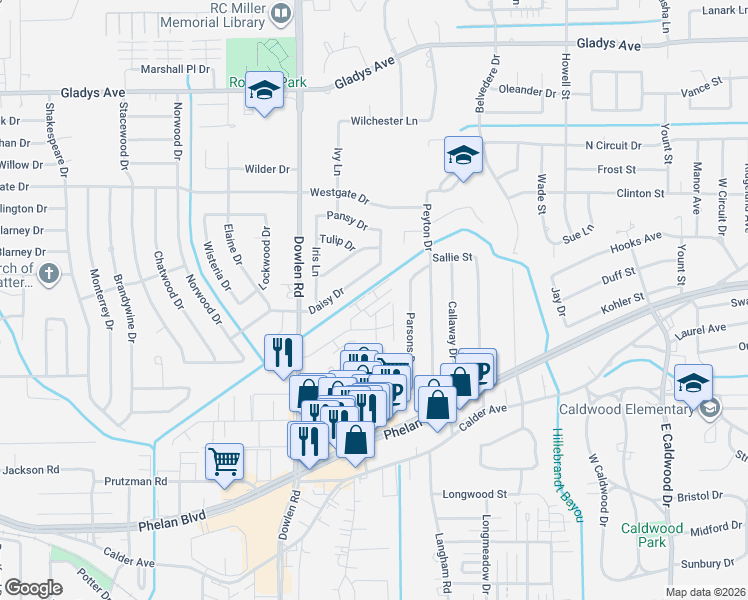 map of restaurants, bars, coffee shops, grocery stores, and more near 6235 Daisy Drive in Beaumont