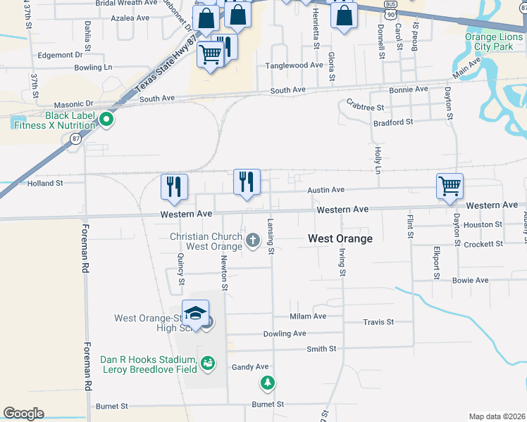 map of restaurants, bars, coffee shops, grocery stores, and more near 3314 Western Avenue in West Orange