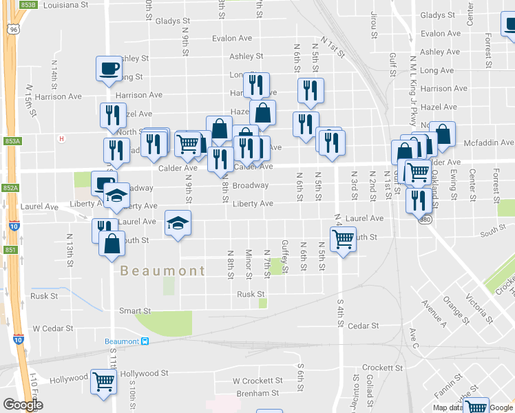 map of restaurants, bars, coffee shops, grocery stores, and more near 325 North 7th Street in Beaumont