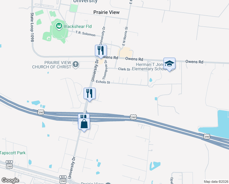 map of restaurants, bars, coffee shops, grocery stores, and more near in Prairie View