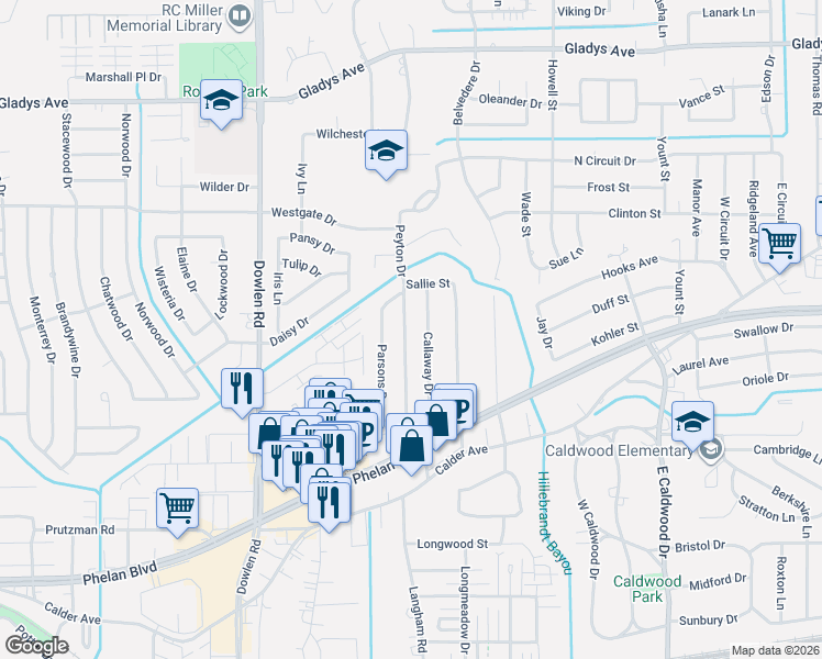 map of restaurants, bars, coffee shops, grocery stores, and more near 890 Peyton Drive in Beaumont