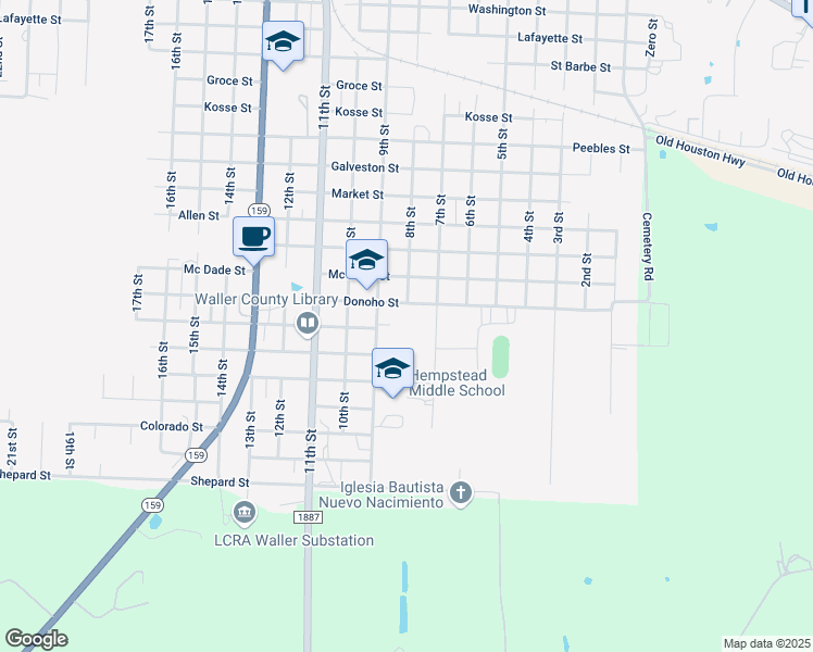 map of restaurants, bars, coffee shops, grocery stores, and more near 801 Donoho Street in Hempstead