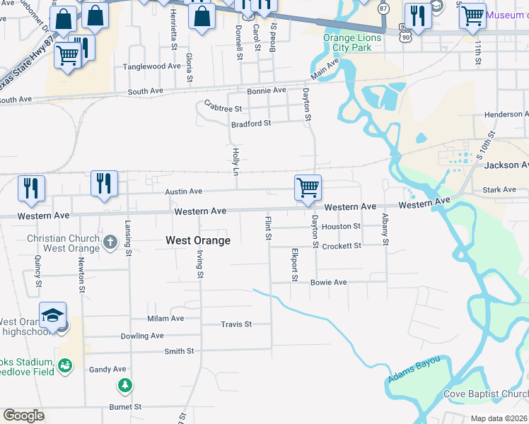 map of restaurants, bars, coffee shops, grocery stores, and more near 2201 Western Avenue in West Orange