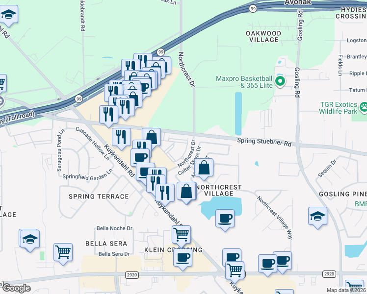 map of restaurants, bars, coffee shops, grocery stores, and more near 21795 Northcrest Drive in Spring