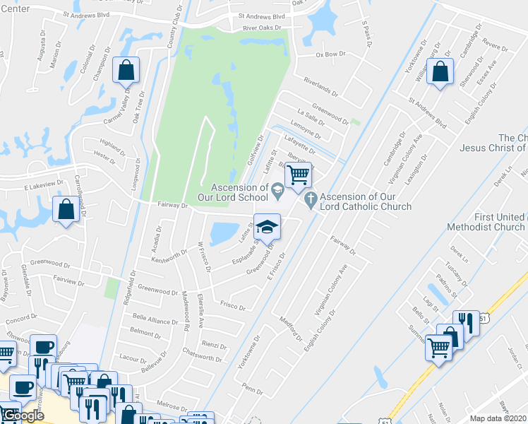 map of restaurants, bars, coffee shops, grocery stores, and more near 775 Fairway Drive in LaPlace