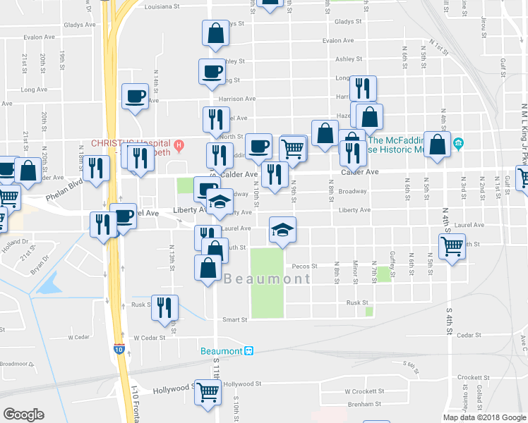 map of restaurants, bars, coffee shops, grocery stores, and more near 2587 Liberty Avenue in Beaumont
