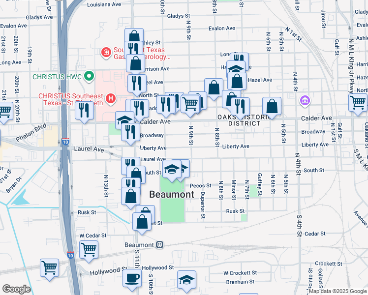 map of restaurants, bars, coffee shops, grocery stores, and more near 2520 Liberty Avenue in Beaumont