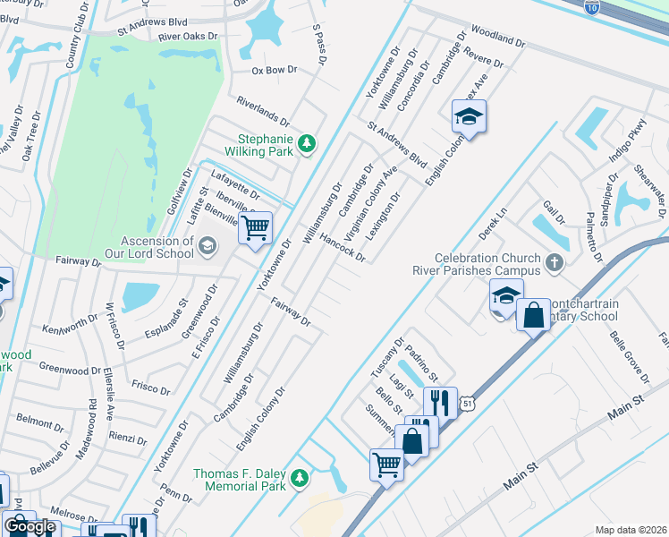map of restaurants, bars, coffee shops, grocery stores, and more near 544 Heritage Cove in LaPlace