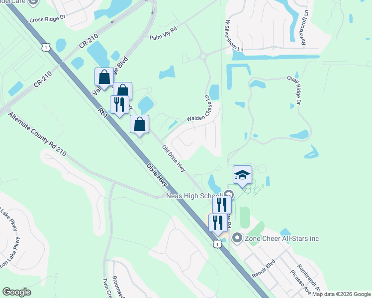 map of restaurants, bars, coffee shops, grocery stores, and more near 821 Templeton Lane in Ponte Vedra Beach