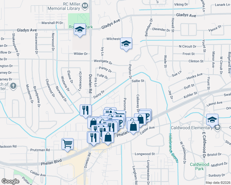 map of restaurants, bars, coffee shops, grocery stores, and more near 6235 Daisy Drive in Beaumont
