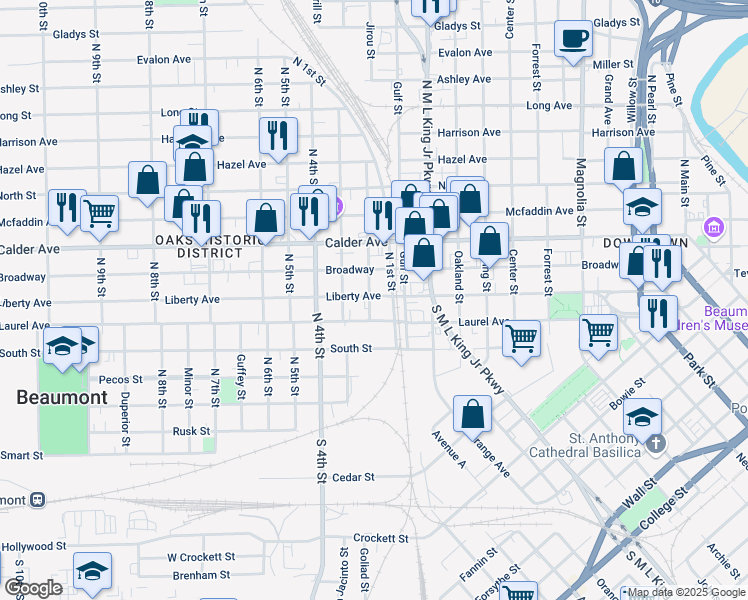 map of restaurants, bars, coffee shops, grocery stores, and more near 280 North 2nd Street in Beaumont