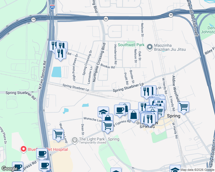 map of restaurants, bars, coffee shops, grocery stores, and more near 710 Far Pines Dr in Spring