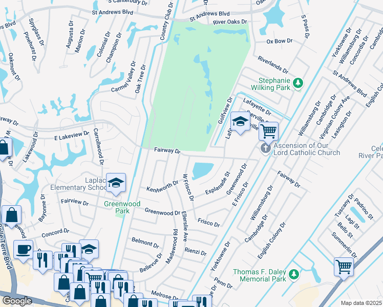 map of restaurants, bars, coffee shops, grocery stores, and more near 509 Fairway Drive in LaPlace