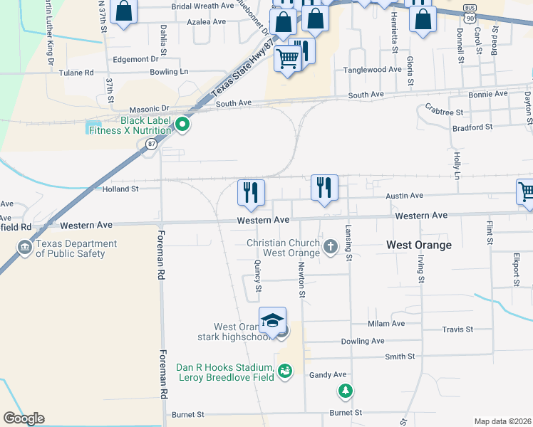 map of restaurants, bars, coffee shops, grocery stores, and more near 3205 Austin Avenue in West Orange