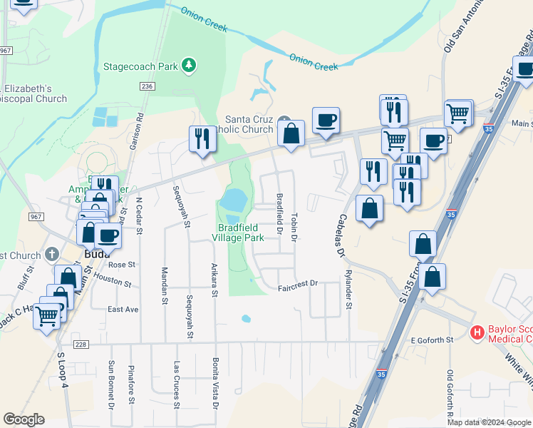 map of restaurants, bars, coffee shops, grocery stores, and more near 113 Crescent Drive in Buda