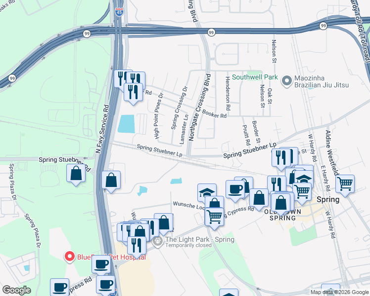 map of restaurants, bars, coffee shops, grocery stores, and more near 22207 Lamaster Lane in Spring