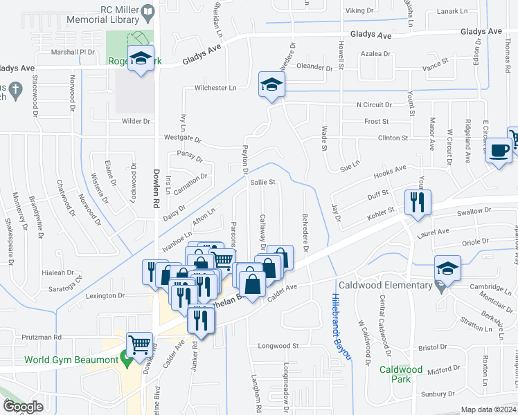 map of restaurants, bars, coffee shops, grocery stores, and more near 885 Callaway Drive in Beaumont