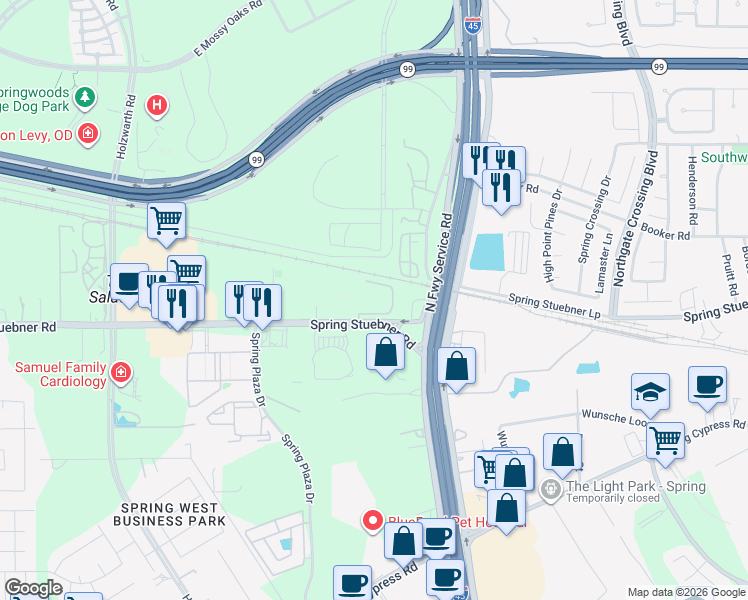 map of restaurants, bars, coffee shops, grocery stores, and more near 1800 Spring Stuebner Road in Spring