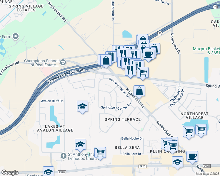 map of restaurants, bars, coffee shops, grocery stores, and more near 21911 Blossom Grove Lane in Spring
