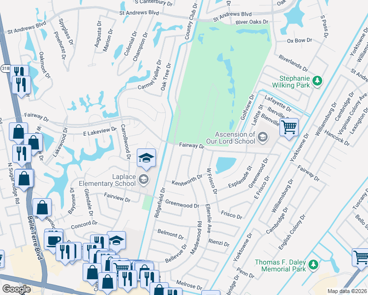 map of restaurants, bars, coffee shops, grocery stores, and more near 404 Fairway Drive in LaPlace