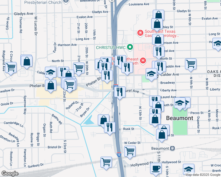map of restaurants, bars, coffee shops, grocery stores, and more near 315 Interstate 10 in Beaumont