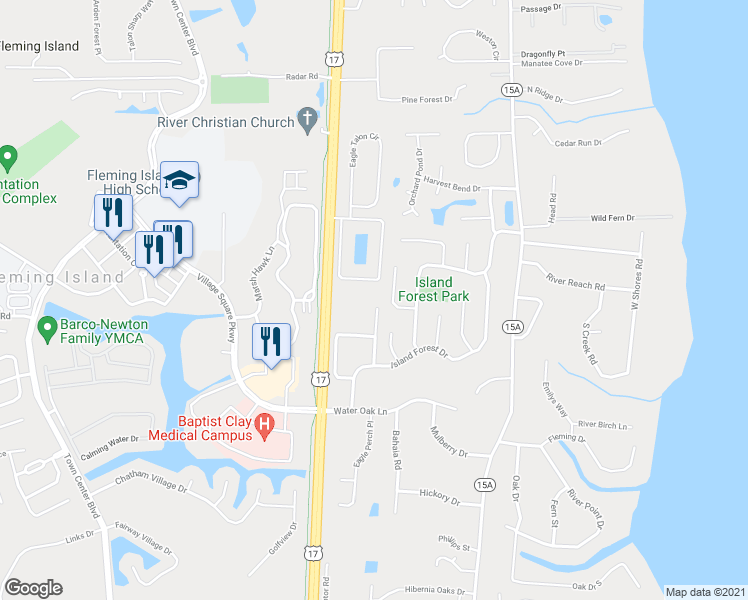 map of restaurants, bars, coffee shops, grocery stores, and more near 2000B Copper Creek Drive in Fleming Island