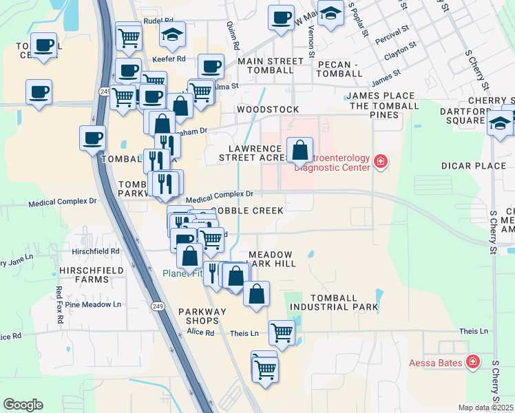 map of restaurants, bars, coffee shops, grocery stores, and more near 927 Lawrence Street in Tomball