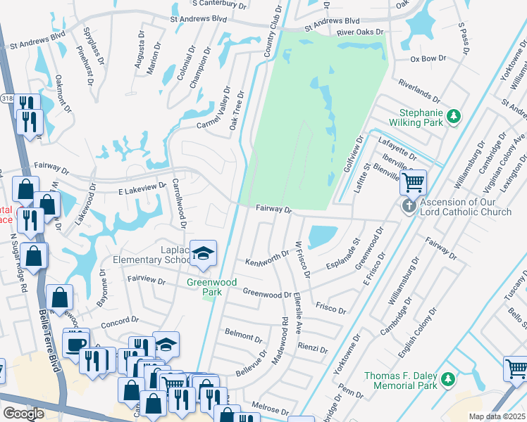 map of restaurants, bars, coffee shops, grocery stores, and more near 404 Fairway Drive in LaPlace
