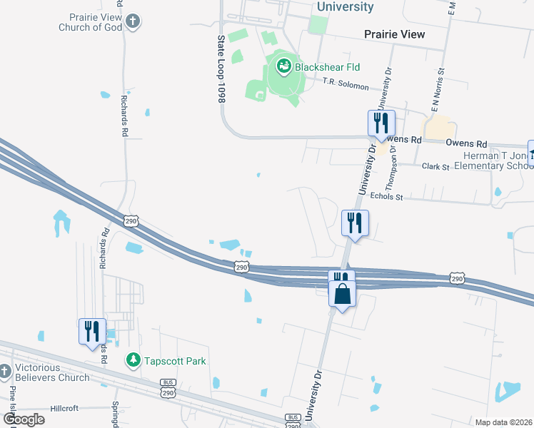map of restaurants, bars, coffee shops, grocery stores, and more near 101 Elm Street in Prairie View